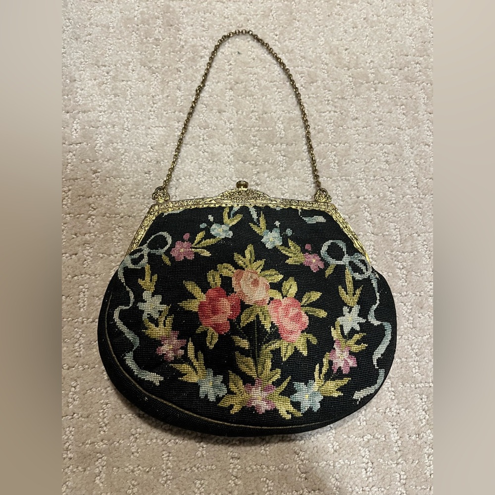 Floral Embroidered Black Evening Bag